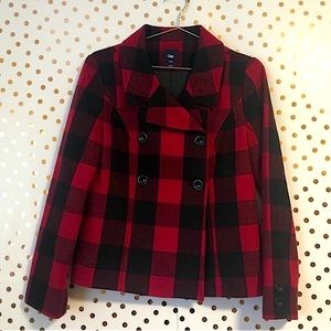 GAP Red and black buffalo check plaid pea coat